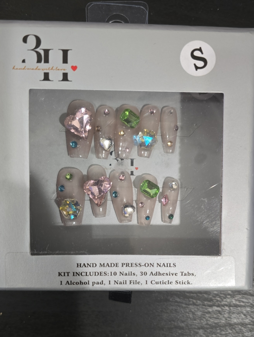 Handmade Press-On Nails Set with Pink and Green Gems - S